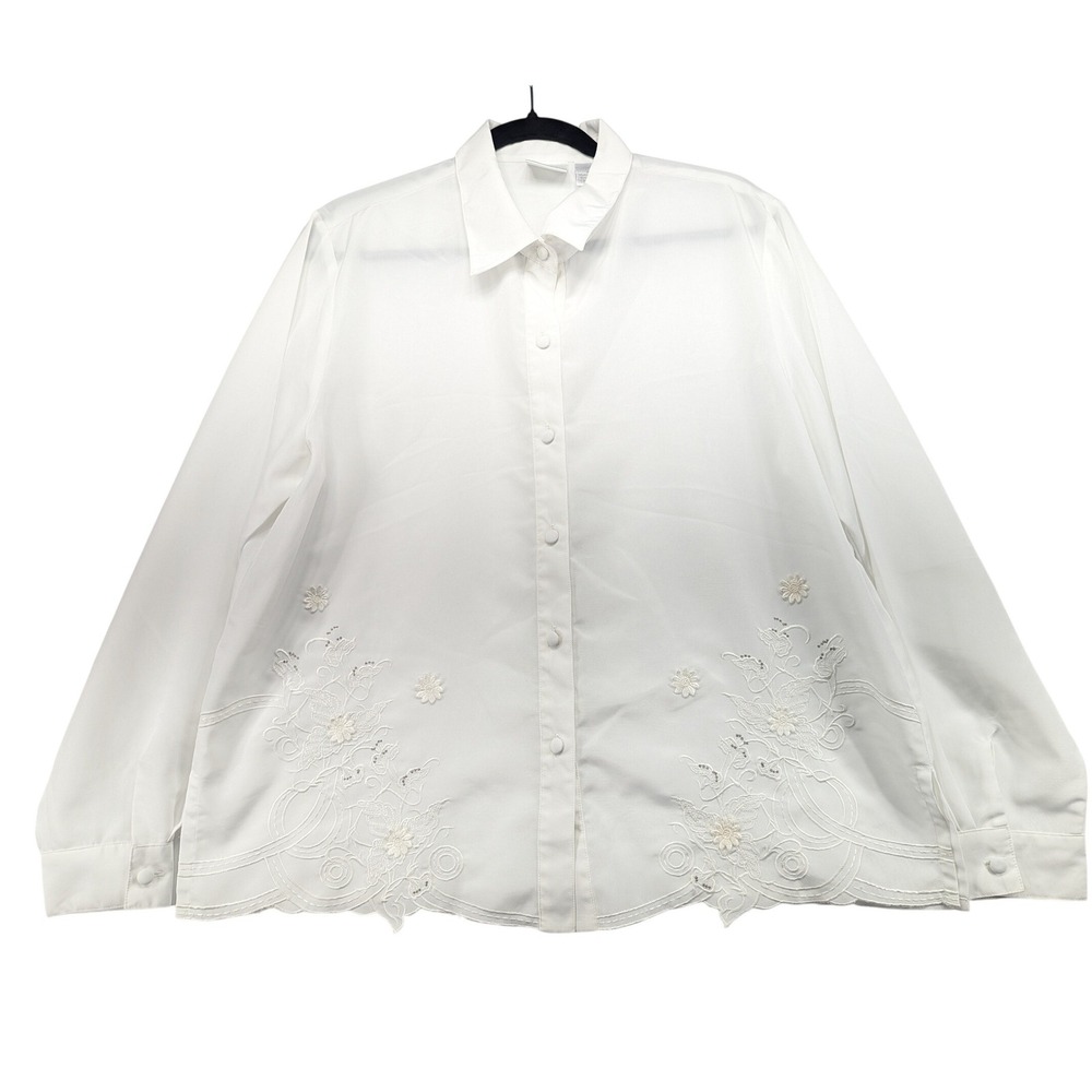 Elizabeth Williams White Embroidered Floral Scalloped Hem Button Blouse L